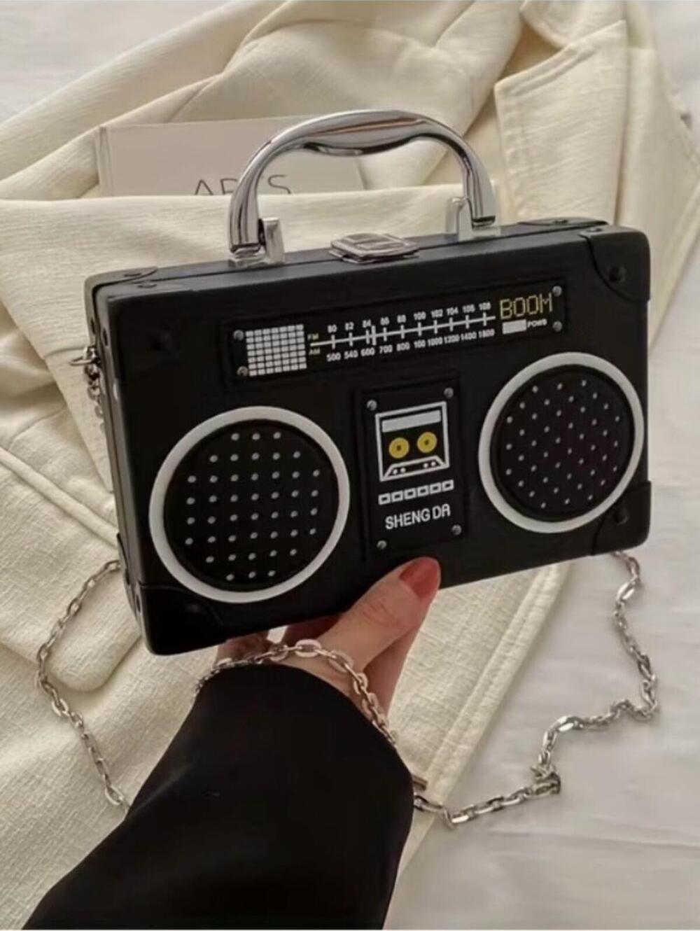 Retro Boombox Style Mini Handbag with Chain Strap